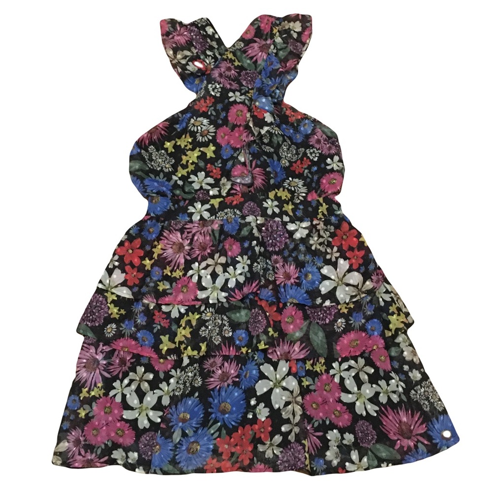 Scotch & Soda sz 10 Floral Mini Dress multi color Tiered ruffle Cross halter EUC